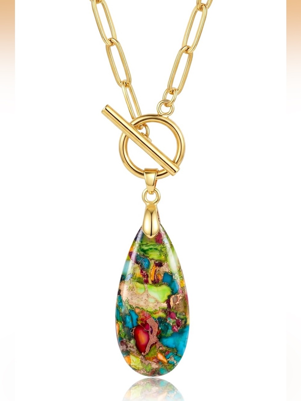 Gold Plated Multicolor Teardrop Pendant Necklace - Women Jewelry
